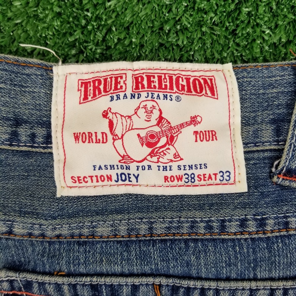 Vintage True‎ Religion Jeans Joey Embroidered Dragon 38x33 Blue Denim Flare 90s - Picture 7 of 16